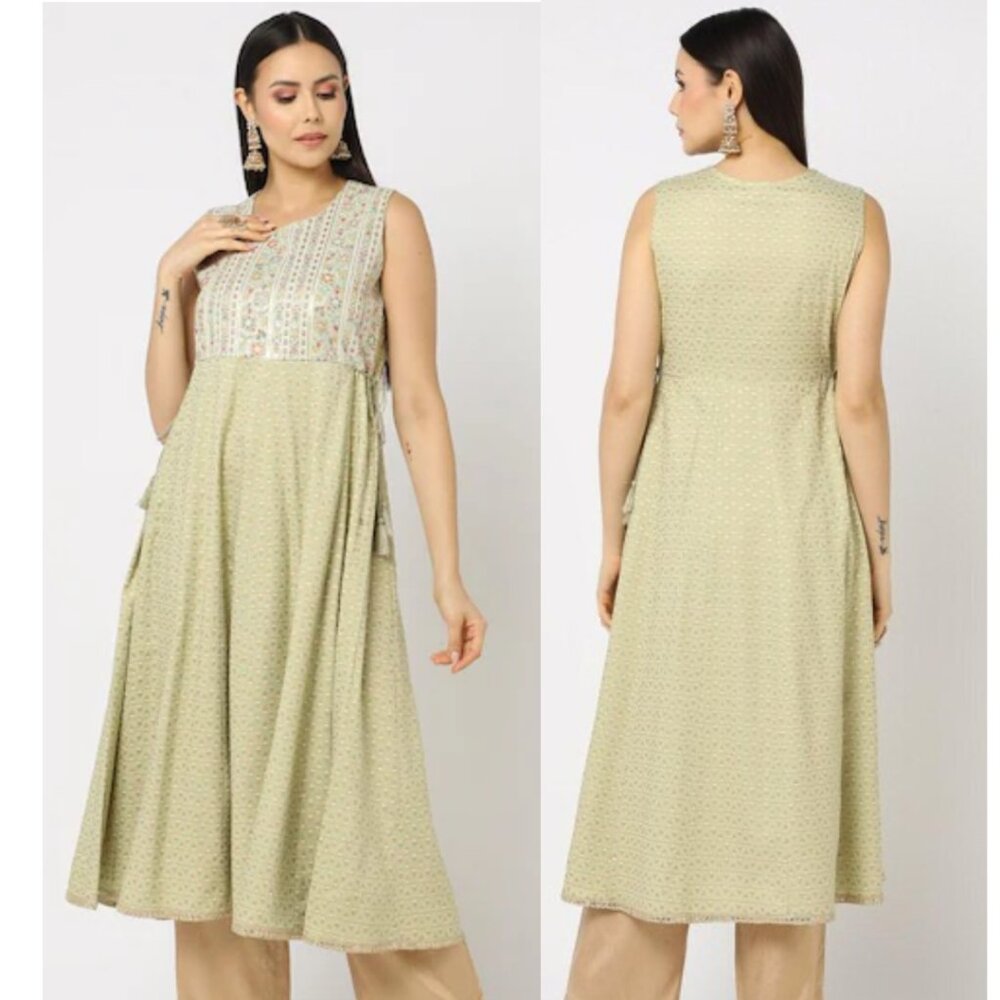 Avaasa Embroidered Sage Green Kurta Dress | Sequin Yoke | A-Line Midi | Size M
